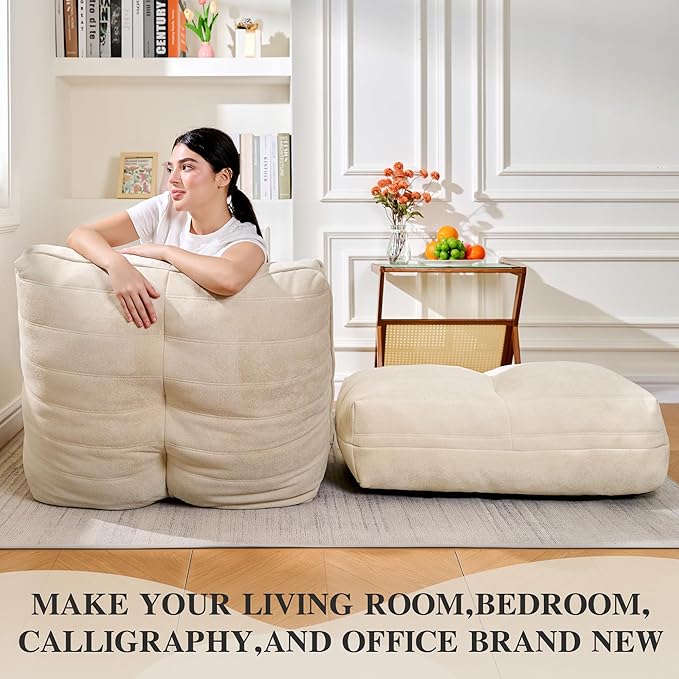 Cvortll Bean Bag Chair with Ottoman, Comfy Bean Bag Sofa with Memory Foam, Lazy BeanBag Sofa with Footstool, Fireside Bean Bag Couch for Living Room, Bedroom, Apartment (Off White)