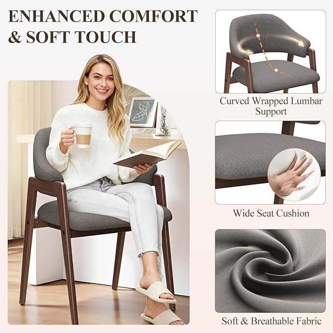 MALOL Wooden Dining Chairs Set of 6, Modern Fabric Upholstered Dining Room Chair, Kitchen Side Chairs, Farmhouse Dinner Chair with Curved Open Back for Kitchen, Grey