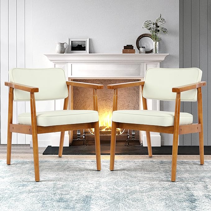 LSSPAID Mid Century Dining Chairs Set of 2, Beige Linen Fabric Upholstered Armchair with Wooden Handrail, Comfy Backrest Modern Kitchen Chairs for Bedroom Living Room Dining Room