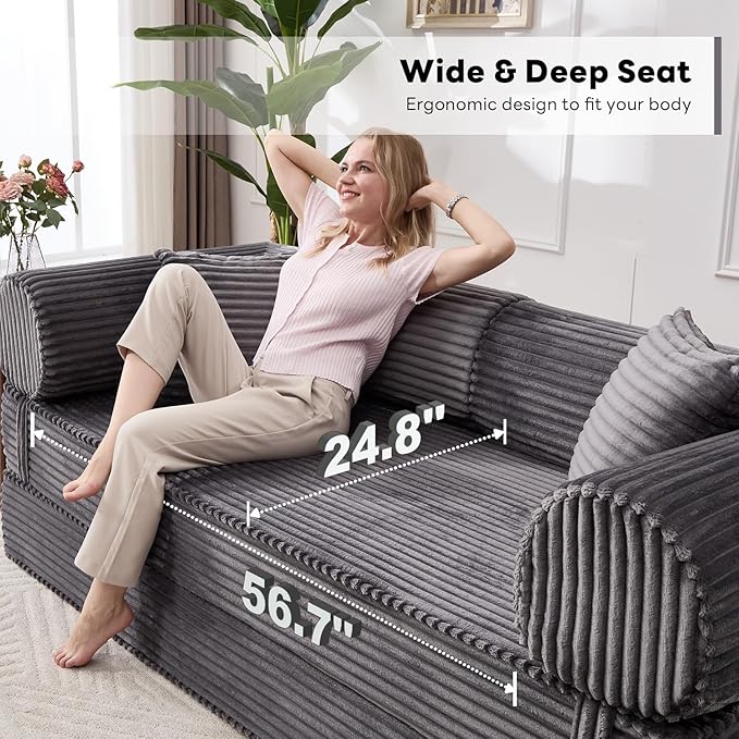Tbfit 79'' Folding Boneless Couch, Oversized Corduroy Convertible Sofa Bed, Futon Mattress Sleeper Sofa, Comfy Foldable Upholstered Floor Couches for Living Room, Gray