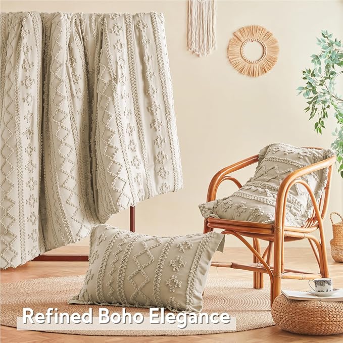 MR&HM Tufted Boho Comforter Set Full Size, Linen Farmhouse Bedding Set, Bed in a Bag Set 7 Pieces with 1 Comforter, 2 Pillow Shams, 2 Pillowcases, 1 Flat Sheet, 1 Fitted Sheet for All Seasons
