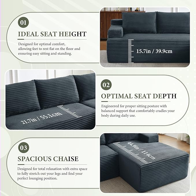 96" Sectional Couches for Living Room Cloud Couch Sofa with L-Shape Upholstered Boneless Couchs Modern Modular Sectional Couch with Chaise (Dark Grey, 96" W+Right Facing Chaise+2Seaters)