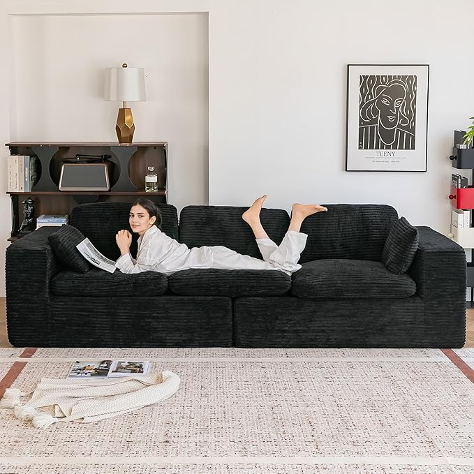 Esright 110" Oversized Sofa for Living Room, Cloud Boneless Couch with Fluffy Seat Cushions, 3 Seater Upholstered Floor Sofa, No Assembly Required, Black