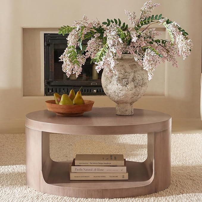 Veihaus Round Coffee Table with Storage, 31.5" Modern Living Room Table, 2 Tier Circle Wood Center Tables for Apartment, Living Room, Open-Style Storage Coffee Tables, 31.5"*15.7" (Dusty Pink)