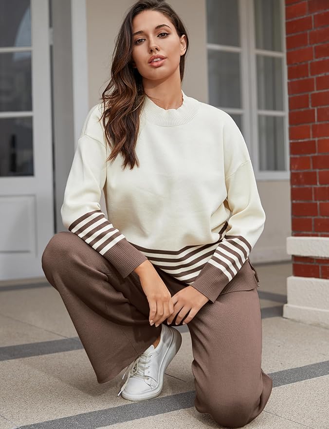 Tanming Women's Lounge Sets 2 Piece Outfits Knitted Pullover Sweater Tops Wide Leg Pants Tracksuit