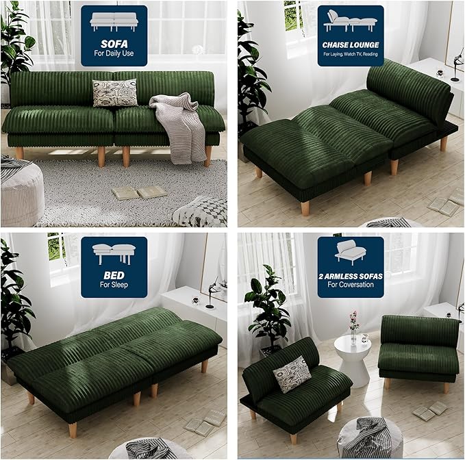 69" Futon Sofa Bed, 4 in 1 Multi-Function Couch Sleeper with Adjustable Backrest, Modern Convertible Futon, Recliner Small Loveseat for Living Room, Dorm, Plush Green