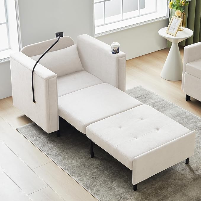 ORRD Pull Out Sofa Chair Bed, 2-in-1 Multi-Functional Sleeper Couch Small Loveseat Bed with Hidden Side Table, Phone Holder and Cup Holder for Living Room, Small Space, Apartment (White)