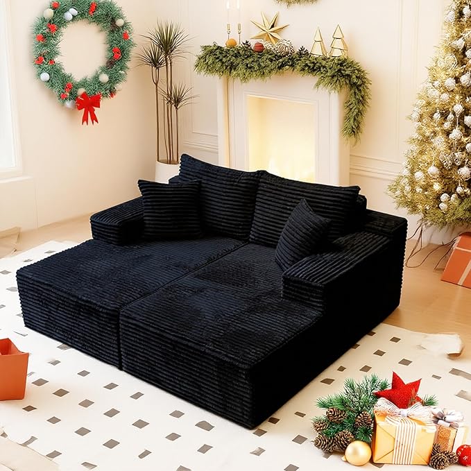 Oversized Double Chaise Lounge Chair Indoor, Upholstered 72'' Boneless Cloud Sofa Bed Sleeper Couch Loveseat, No Assembly Faux Rabbit Fur Memory Foam Reading Chair for Living Room Bedroom Black