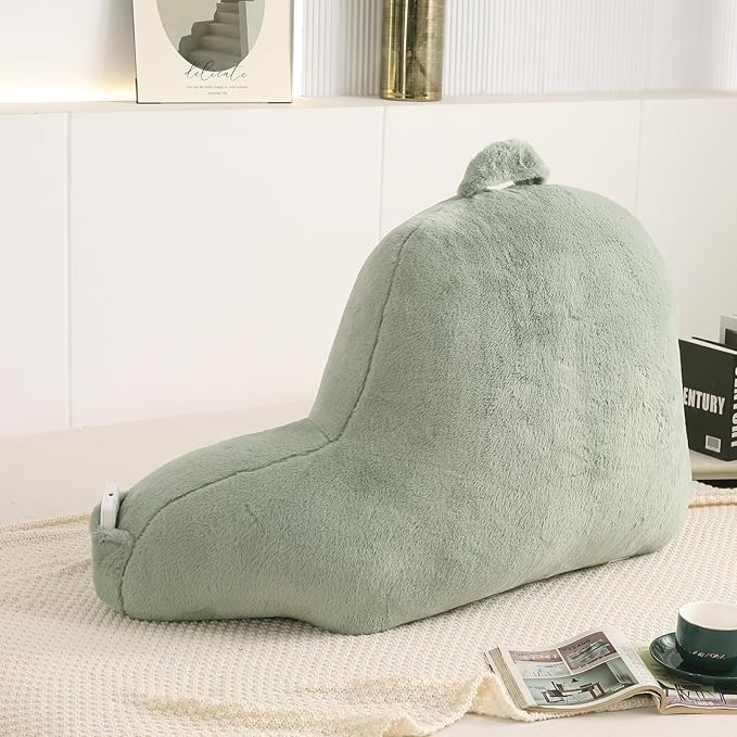 PAJEO Reading Pillow for Sitting in Bed, Large Backrest Reading Pillow with Arm Rest,Back-Rest Support Cushion for Sit Up on Couch, Sofa, and Floor, Dorm Essentials (Green Faux Fur, Large(19"))