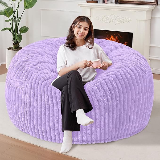 Homguava 4 FT Bean Bag Chair,4' Big Bean Bag,Large Bean Bag Chairs for Adults with Memory Foam Filled,Comfy Beanbag Chairs Soft Bean Bag Sofa with Dutch Corded Plush Cover-Purple