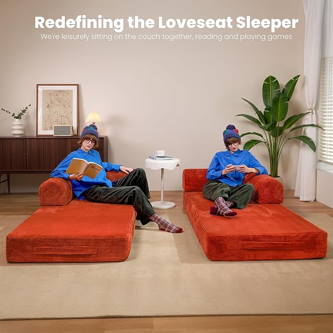 79" Convertible Sofa Bed, Boneless Corduroy Sleeper Foldable Modular Couch, Memory Foam Compressed Sofa in A Box, Folding Mattress Floor Couch for Small Space Living Room Apartment Bedroom, Orange