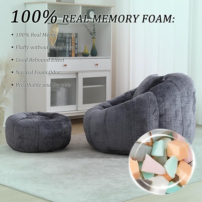 HOMEFLEX Modern Bean Bag Chair for Adults, Comfy Reading Nook Seating with Pillow, Round Chairs with Ottoman, Leisure Single Sofa, Ideal for Living Room, Bedroom, Apartment (Gray)