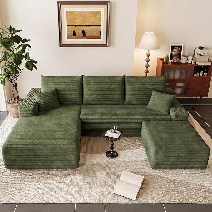 95" U-Shape Cloud Couch, Modern Modular Sectional L-Shape Sofa with Ottoman, Corduroy Upholstered Couches Deep Seat Sleeper Chaise Longue for Living Room, No Assembly Required(Green, Left Facing)