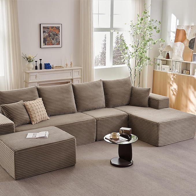 135.4" Cloud Sectional Couch with Ottoman,Modern U-Shaped Cloud Couch with Deep Seat,Comfy Corduroy 4-Seater Sofa,Memory Foam Sofa for Living Room,No Assembly (Camel,Right-Facing Chaise)