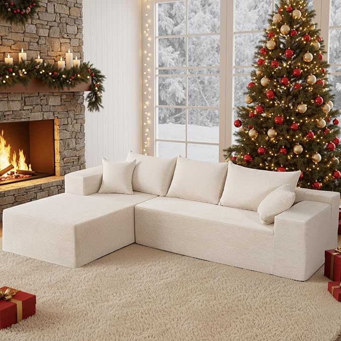 Sectional Cloud Boneless Couch for Living Room Bedroom, Comfy Modern L Shaped Modular Sofa with Left Facing Chaise, Deep Seat Memory Foam Couch in Box, No Assembly (Fine Striped Corduroy, Beige)
