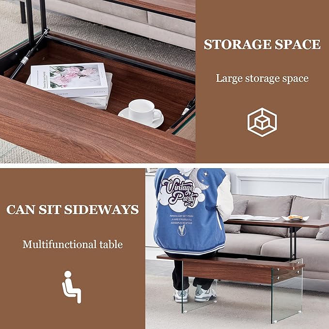 HanStrong 43.3" Lift-Top Coffee Table with Storage,Marble & Tempered Glass Space-Saving for Living Room,Office,Dark Brown