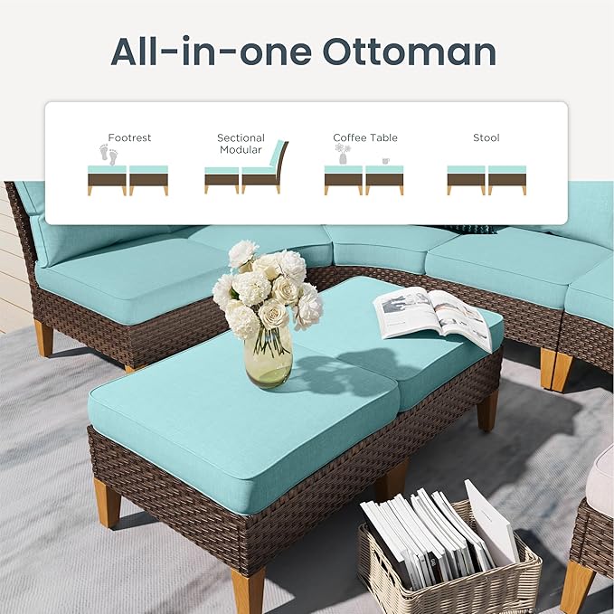 PHI VILLA 10-Piece Wicker Patio Furniture Set, Outdoor Half-Moon Curved Sectional Sofa with 4 Ottomans, 2 One Armrest Seats, 1 Armless Sofa, Large Conversation Seating for Garden or Backyard,Aqua Blue