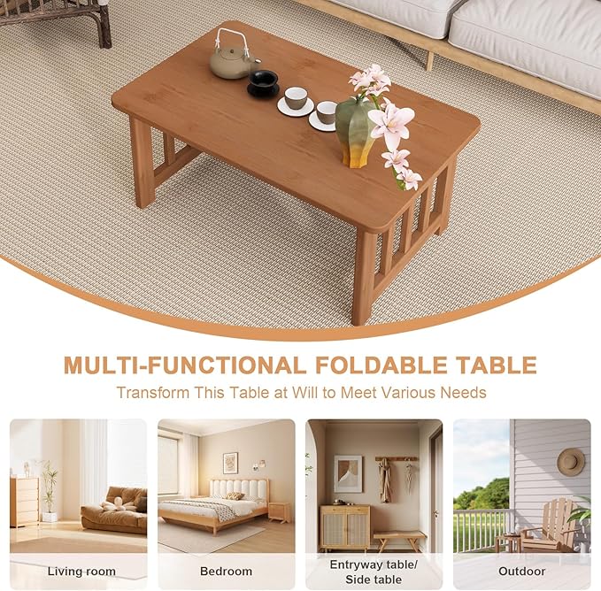 Japanese Bamboo Folding Floor Table, Portable Low Coffee Table for Small Spaces, Foldable Tatami Tea Table for Sitting on Floor, No Assembly Chabudai Table for Zen Living Room (Brown)