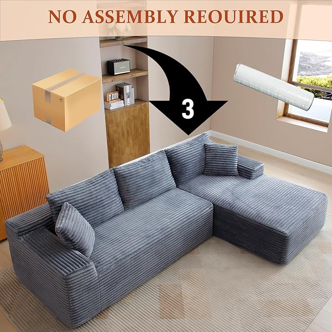 HYJT-H&K Modular Sectional Sofa Cloud Sectional Couch, 95" Comfy Fluffy L Shaped Grey Couches for Living Room, Deep Seat Memory Foam Plush Corduroy Boneless Couch Sectionals Right Facing Chaise Sofa