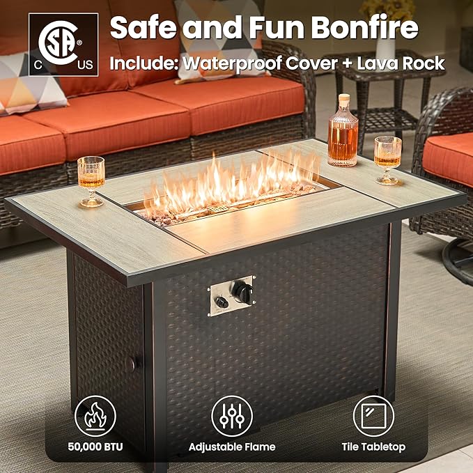 ovios 8 Pieces Patio Furniture Set, Outdoor Wicker Sofa Couch with Swivel Chairs 42" Fire Pit Table, High Back Modern All Weather Conversation Sets, Brown Rattan, Orange Red