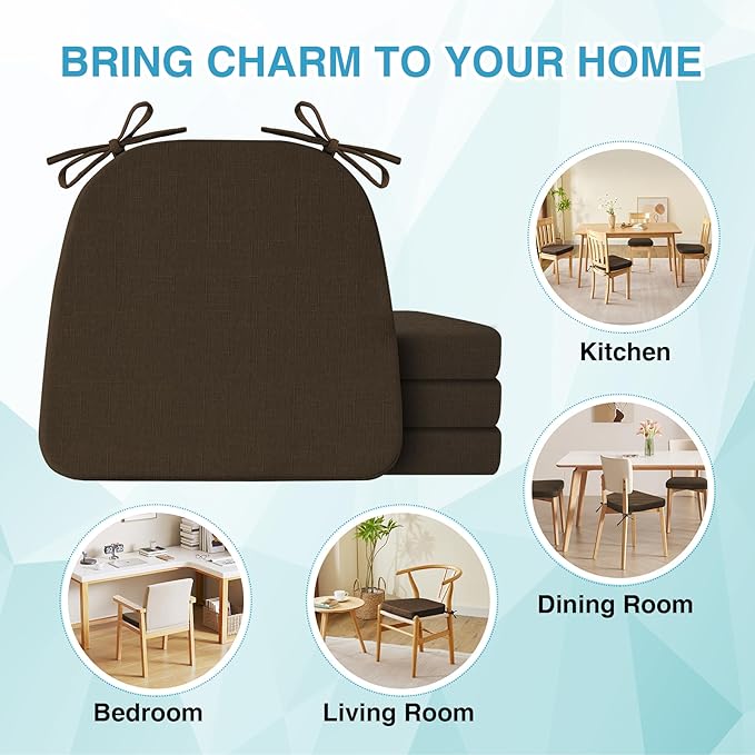 Chair Cushions for Dining Chairs Set of 4, Non Slip Kitchen Chair Pads, 17" x 16" x 2", Indoor Dining Chair Cushions with Ties, D-Shaped Seat Cushions for Kitchen Chairs, Brown