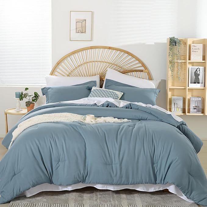 weigelia 5PCS Twin Comforter Set Microfiber Comforter Dusty Blue Comforter Sets for Women and Men Reversible Bed Set Ultra Soft All Season（Comforters, Flat & Fitted Sheets, Pillowcases & Shams）