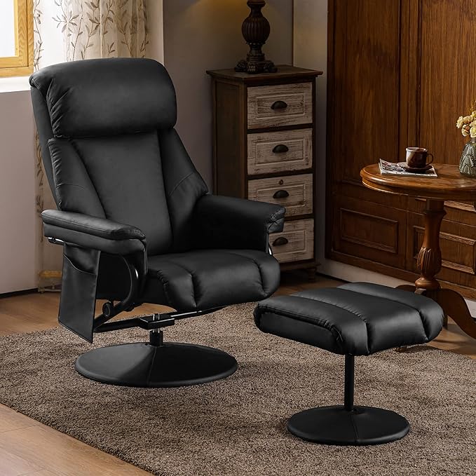 MCombo Swivel Recliner with Ottoman, TV Chair with Vibration Massage, Ideal for RV Small Space, Living Room & Bedroom 4539 4828 (Faux Leather, Black)
