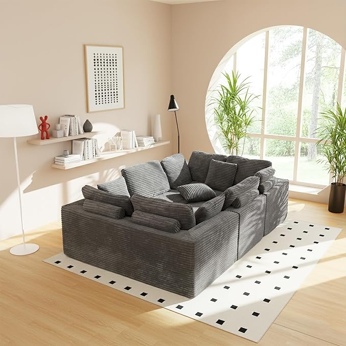 135.5" Cloud Sectional Couch,Boneless Corduroy Sofa for Living Room,Oversized U Shaped Sofa with Chaise,Deep Seat,No Assembly Required,Modular Sectional Sofa（Grey）