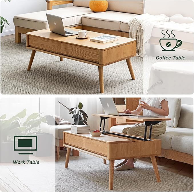 Lift-Top Coffee Table with Storage, Solid Oak Wood Mid-Century Modern Lift Coffee Table, 47 Inch Rectangular Coffee Table for Living Room, Dining, Work, and Games
