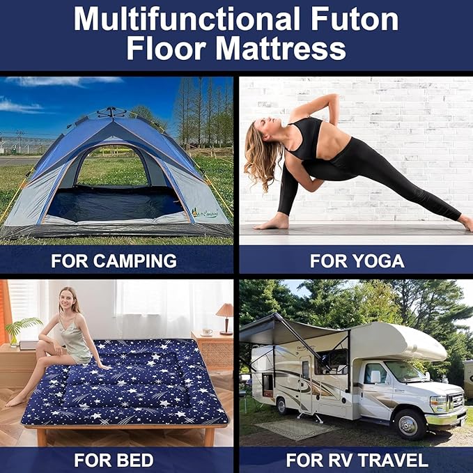Japanese Floor Mattress,Thicken Japanese Floor Sleeping Pad Foldable,Roll Up Tatami Mat Easy to Store and Portable,Futon Mattress Suitable for Camping and Guest Room (Blue, Queen (80" X 60"))