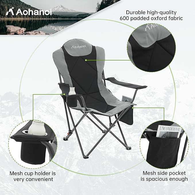 Aohanoi Camping Chairs, Portable Camp Chairs for Heavy People with Adjustable Angled Backrest, Outdoor Folding Camping Chairs for Outside Supports up to 350lbs, Carry Bag Included