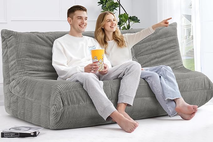 Bean Bag Chair,Giant Beanbag Chairs for Adults,Comfy Large Fireside Chair Lazy Sofa,Corduroy Bean Bag Lounger with Memory Foam Filled,Floor Sofa Couch for Living Room (Light Grey, 3-Seater)
