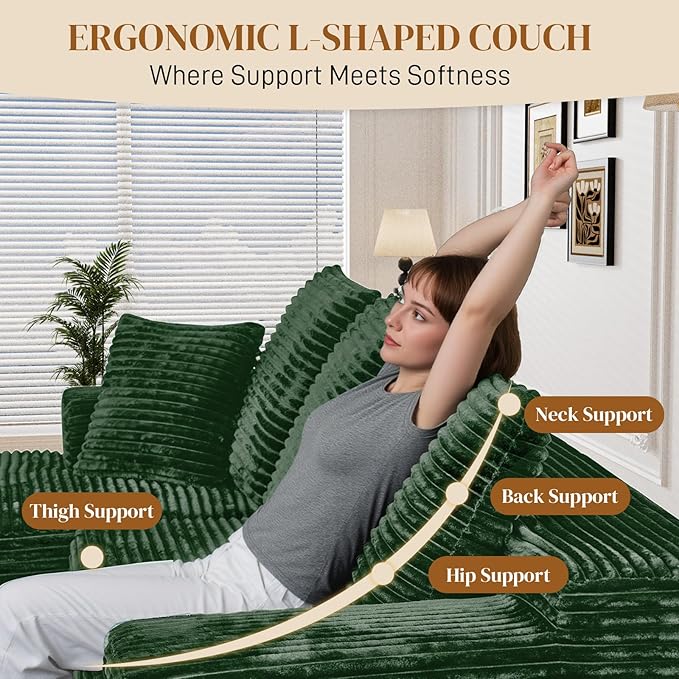 108" Boneless Cloud Sectional Couches for Living Room, Comfy Fluffy L Shaped Memory Foam Deep Seat Boneless Couch, Modular Sectional Sofa with Left Facing Chaise, Green