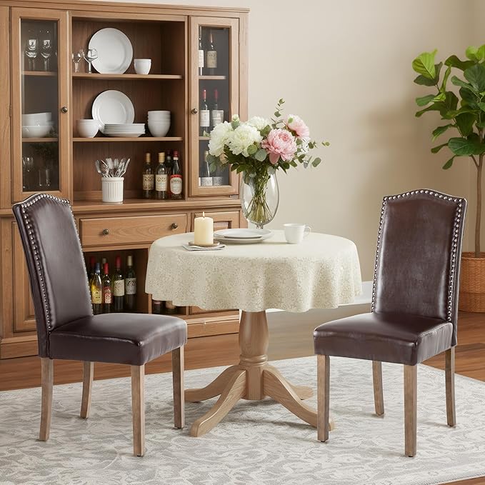 SNUGWAY Upholstered Dining Chair Stylish Parsons Kitchen High Back with Silver Nailhead Trim & Wood Legs, 6-Pack, PU Dark Brown