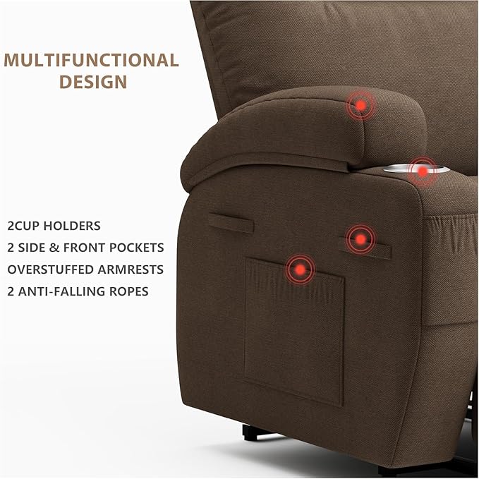 Flamaker Power Lift Chair Massage Recliner Chairs for Elderly - Ergonomic Design with Cup Holders & Side Pockets, Remote Control (Dark Brown)