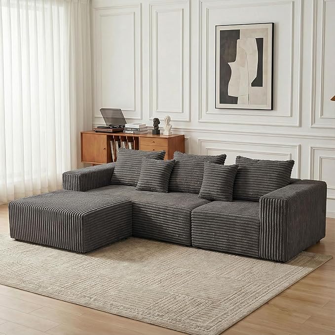 Sytopia 109" L-Shaped Cloud Couch, Boneless Modular Sectional Sofa with Deep Seat for Living Room Bedroom, Modern Floor Couch Corduroy, Comfy Sleeper Futon Sofa Bed 40D Foam Furniture, Left Facing