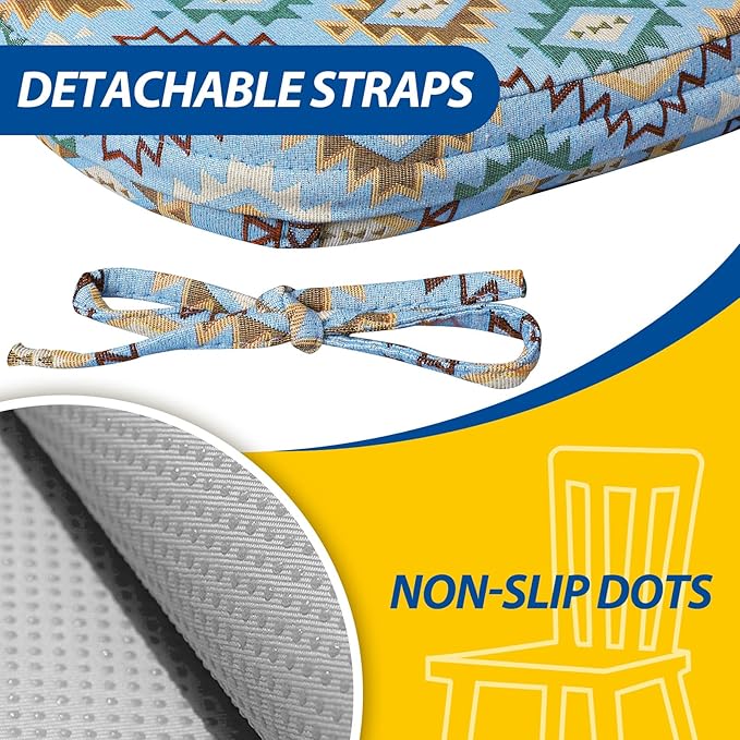 AAAAAcessories D-Shaped Chair Cushions, 2" Thick Dining Chair Pads with Ties and Removable, Machine-Washable Cover, 17" x 16", Set of 8, Geometric Blue