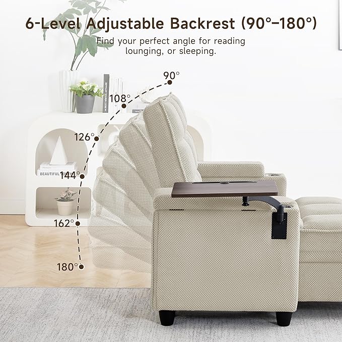41.7" Oversized Chaise Lounge Chair Indoor, Boucle Upholstered Sofa Bed with Adjustable Backrest, Deep Seat Reading Chair, Sofas Couches for Living Room, Storage, Cup Holders & 360° Swivel Side Table