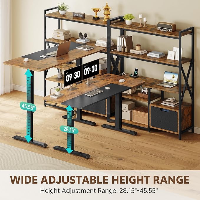 77.8 Inches L Shaped Standing Desk Corner Desk with Hutch Electric Height Adjustable Desk with Storage Shelves File Drawer Power Outlets Reversible Computer Gaming Desk for Home Office Brown
