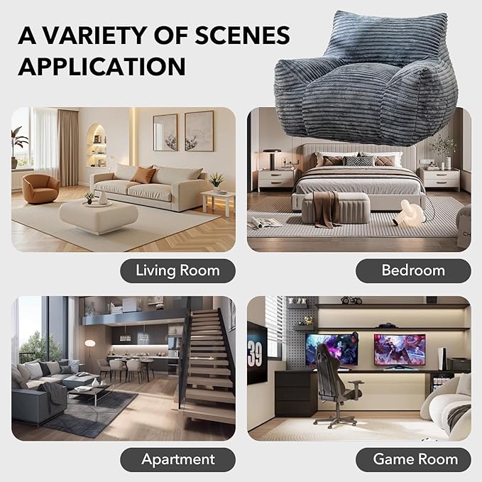 Giant Bean Bag Chair for Adults, Corduroy Upholstered Beanbag Chair with Side Pocket, Comfy Bean Bag Sofa with Portable Handle, Floor Sofa Chair for Bedroom (Grey)