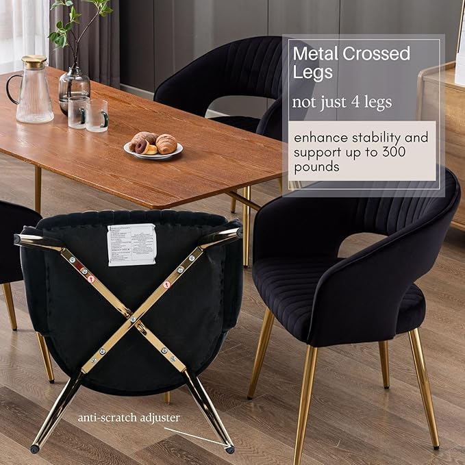 COMULER Black and Gold Velvet Dining Chairs, Modern Dining Room Chairs with Arms Set of 2 Upholstered Accent Chair Armchair with Barrel Back for Kitchen Living Room