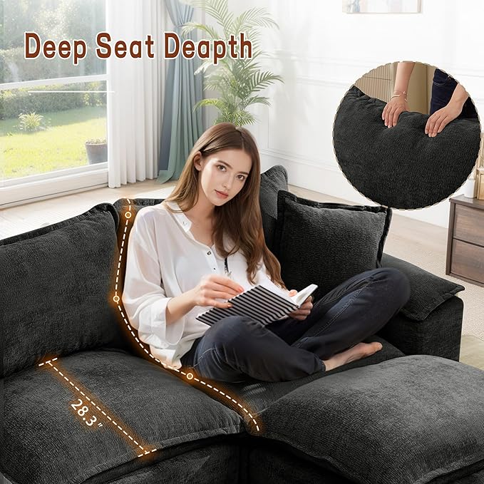 Korser 122" Sectional Couches for Living Room, Modular Boneless Sofa, Cloud Sofa, Fluffy Cushions, Double-Layer Cushioned, with Convertible Ottoman