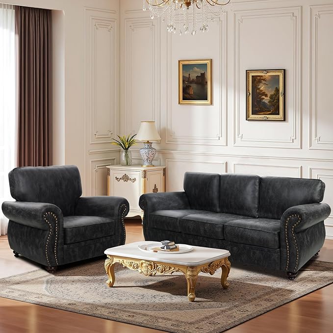 Couchus Living Room Furniture Sets,Sofa Sets and Couch Sets for Living Room,Mid-Century Vintage Sofa Couches with Rivet Design (Grey, Single+3 Seater)