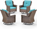 ACTREST Patio Chairs Outdoor Swivel Glider - Set of 4 High Back Outside Brown Wicker Rattan Rocking Chair with Thick Cushion for Porch Apartment Deck Yard Poolside Garden - Turquoise