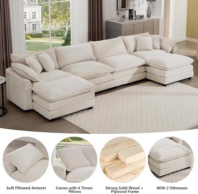 Aoowow Corduroy 4 Seater Couch with Ottomans,Modern Large Cloud Couches for Living Room,U Shaped Modular Sectional Cloud Sofas Deep Seat,U Shape Oversized Tufted Sofa Set (Beige, 4 Seater + 2 Ottoman)