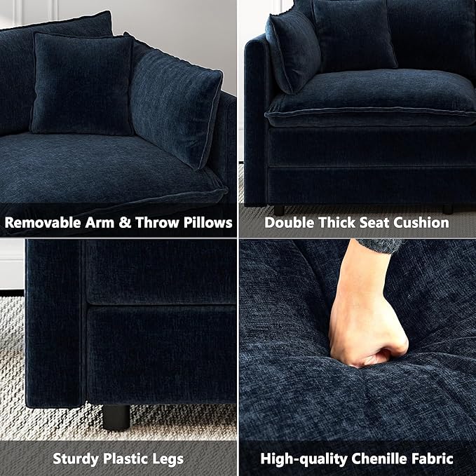 Aoowow Modular Sectional Sofa Modern Convertible Loveseat Couch,77.16 Inch Deep 2-Seater Sofas Comfy Chenille Cloud Sofas and Couches with Pillows for Living Room Apartment（Blue）