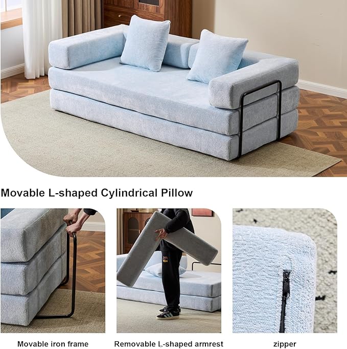 77" Convertible Foldable Floor Couch, 3-Seat Futon Sleeper Sofa for Living Room, Bedroom, or Apartment, with Pillow Backrest and Armrests, Chenille Fabric, No Assembly Required, Light Blue