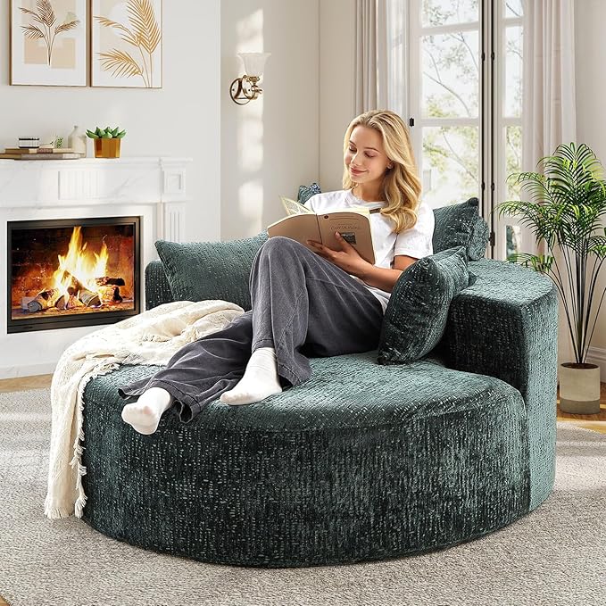 55"W Oversized Round Chair Lounge Chaise Indoor, Upholstered Comfy Circle Sofa Armchair, Modern Cozy Boneless Foam Floor Reading Chair for Living Room, Bedroom, No Assembly Required(Chenille, Green)