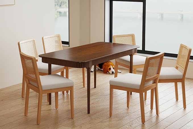 LukeAlon Set of 2 Mid Century Dining Chairs - Farmhouse Kitchen Chairs with Woven Rattan Back, Plush Chenille Upholstered Seats, Solid Wood Legs for Dining Room & Breakfast Nook, White
