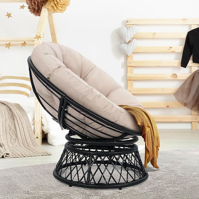 Kromax 40" Ergonomic Wicker Papasan Chair, 360° Swivel Round Egg Chair with Soft Thick Cushion, Indoor Outdoor Use for Living Room, Bedroom, Reading Room, Black Frame with Beige Cushion